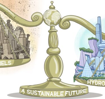 Graeme MacKay, Hype About Hydrogen, Cartoon Illustration showing the scales if balance between Fossil Fuels and Hydrogen energy